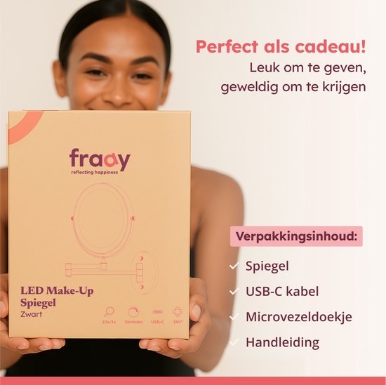 Fraay® Make Up Spiegel met LED Verlichting - 10x Vergroting - Licht - Oplaadbaar - Zwart