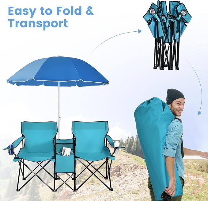 Coast campingstoel met parasol dubbele vouwstoel met bekerhouder koeltas turquoise
