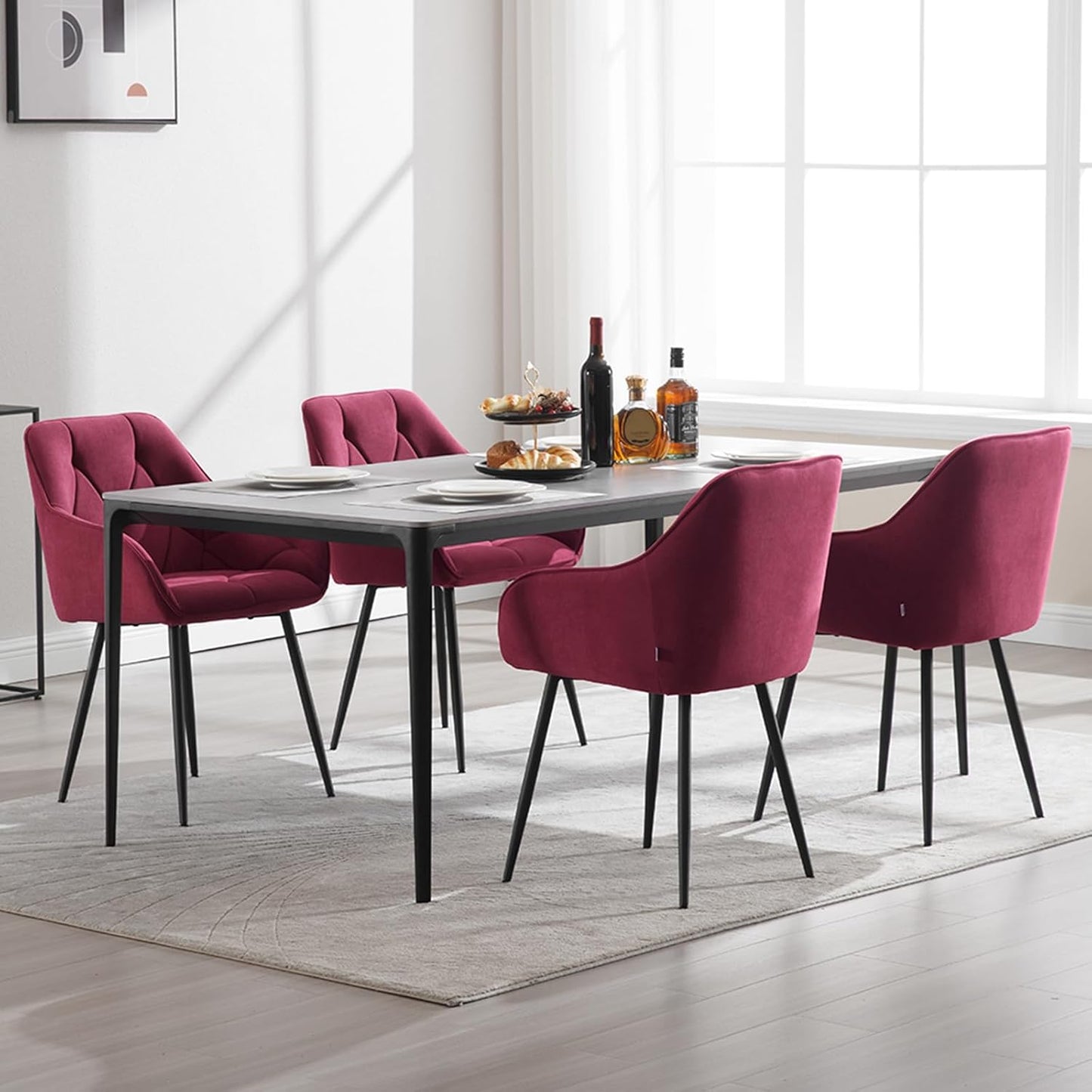 Woltu EZS02bd-1 Eetkamerstoel - Fluweel Bordeaux - 56 x 53 x 83,5 cm - Ergonomische Armstoel met Metalen Poten