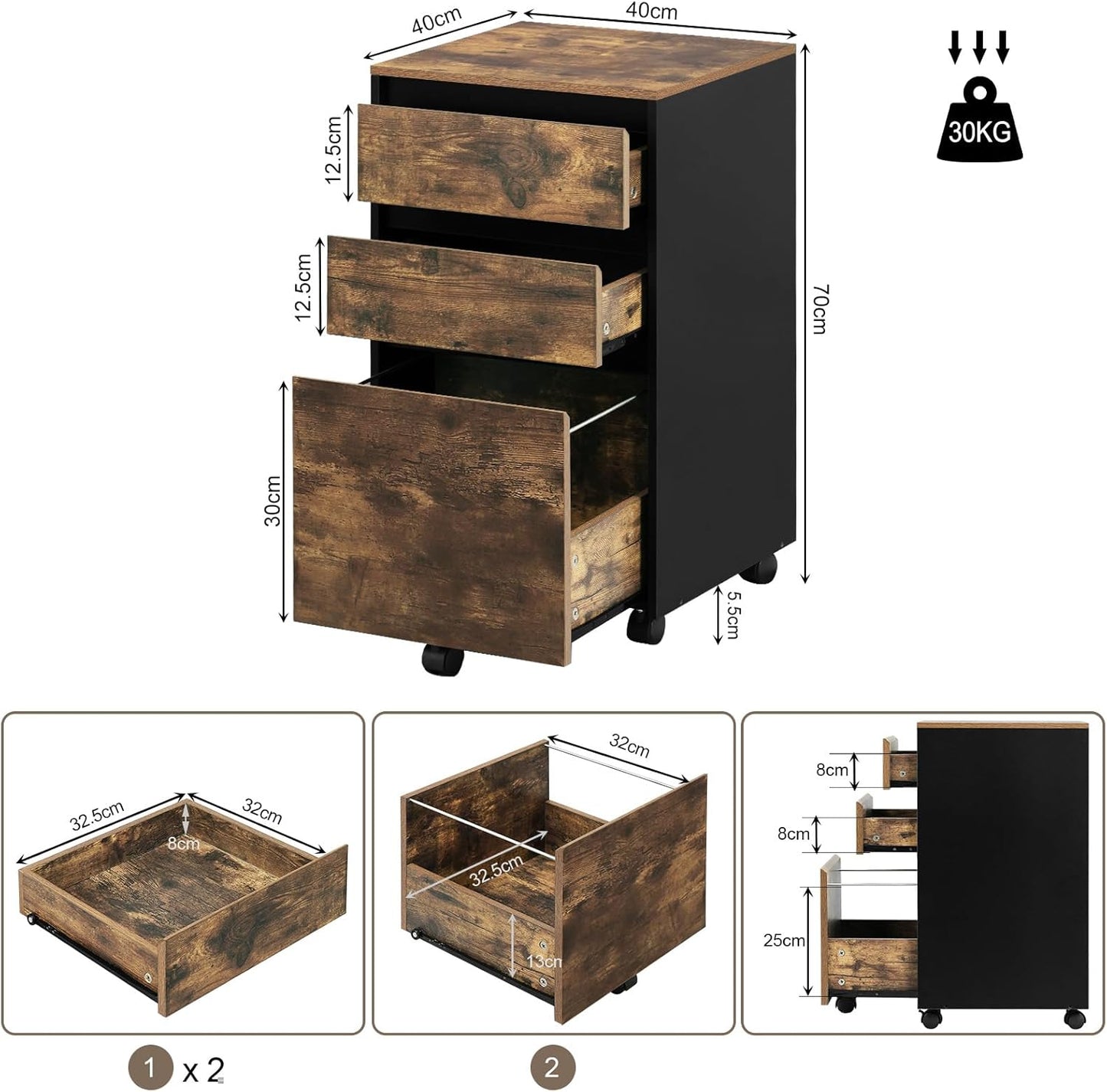 Woltu Mobiele Archiefkast – Rolcontainer met 3 Laden en Wielen – Industrieel Donker Eiken/Zwart – 40 x 40 x 70 cm