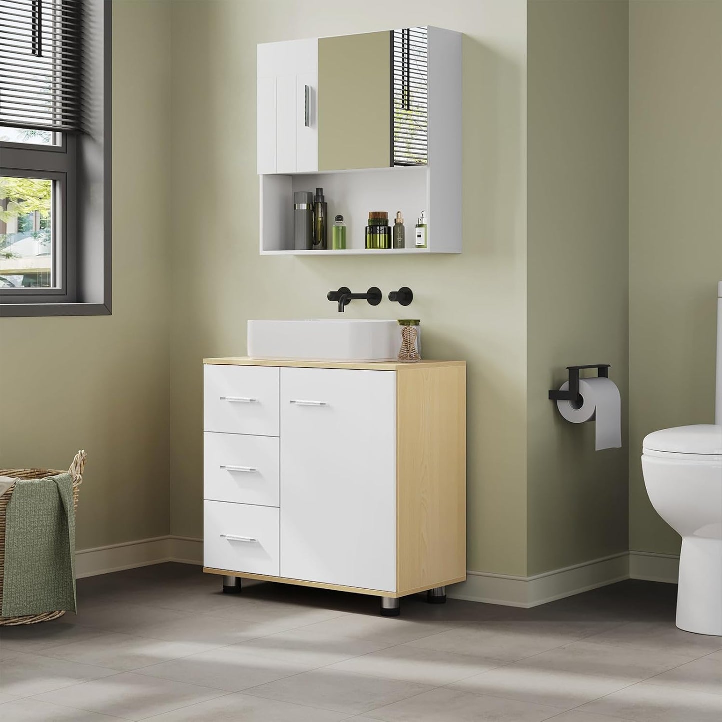 Eugad Badkamerkast Wit/Licht Eiken - 60 x 60 x 30 cm - 3 Lades - Verstelbare Plank
