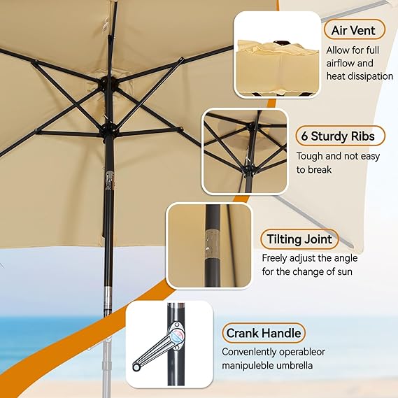 Angel Living Tuinparasol Rechthoekig – Voorzien Van Opdraaimechanisme Met Slinger En Ventilatieopening En Verstelbare Kap – Voor Tuin En Balkon – Beige Polyester En Aluminium – 210x140 cm