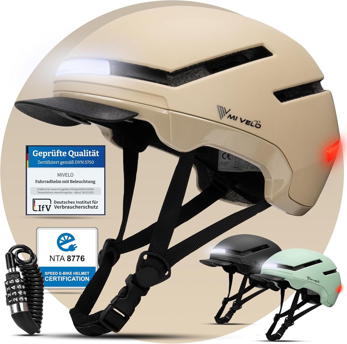 Mivelo Unisex Fietshelm NOVA - Met Lampje - NTA Gecertificeerd tot 45km/h - Beige - Maat M (54-58 cm)