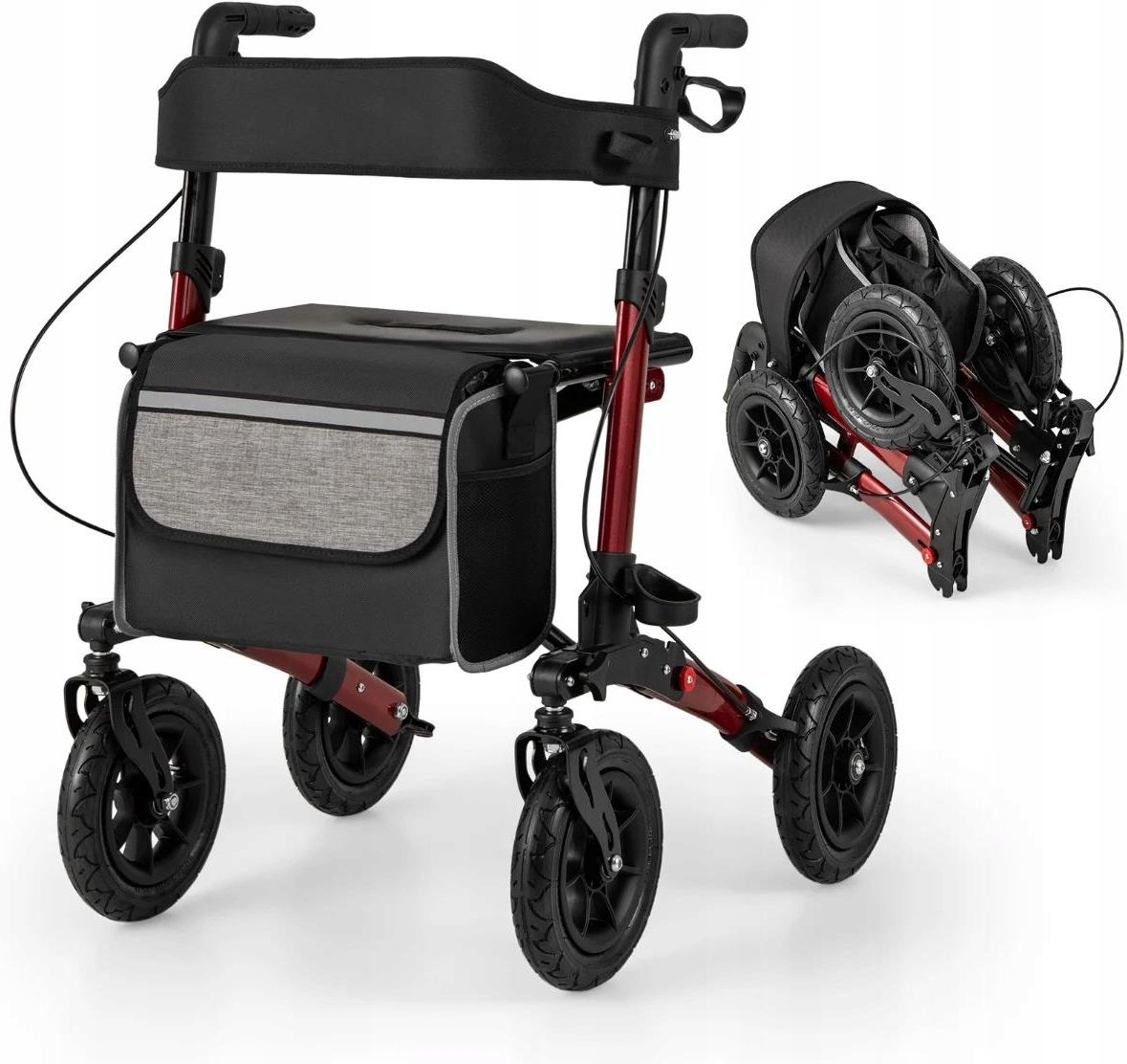 Coast Opvouwbare Rollator Rood – Lichtgewicht 2-in-1 Reisrollator met Zitje en Luchtbanden – 62 x 82 x 81,5-97 cm