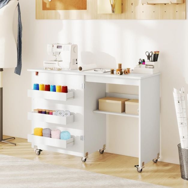 Coast Naaitafel Wit – Opvouwbare Hobbytafel op Wielen met Opbergruimte en 3 Verborgen Bakken – 118,5 x 40 x 79,5 cm