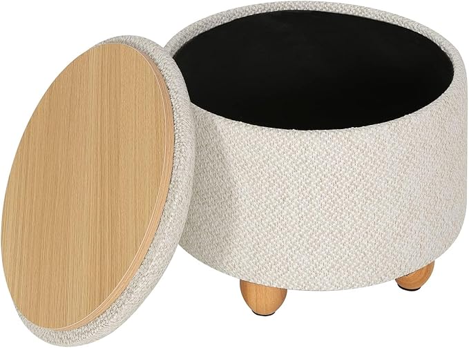 WOLTU opberg poef - ronde voetenbank met deksel - linnen crème wit - 39 x 33 cm - houten poten