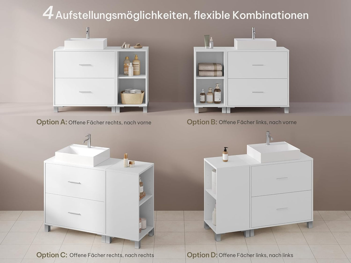 eSituro SBP0098 wastafel onderkast badkamermeubel - wit - 2 grote lades - zij kast links of rechts te plaatsen