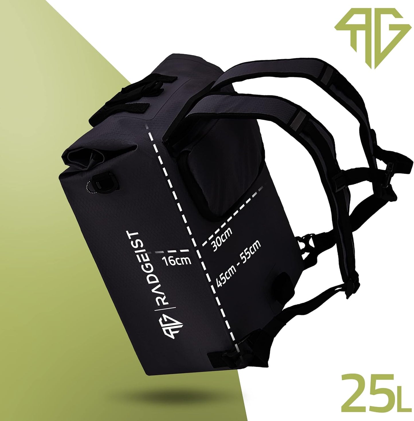 RADGEIST 3-in-1 fietstas voor bagagedrager, fietsrugzak, bagagedragertas, schoudertas, met laptopvak, waterdicht, 25 liter, zwart
