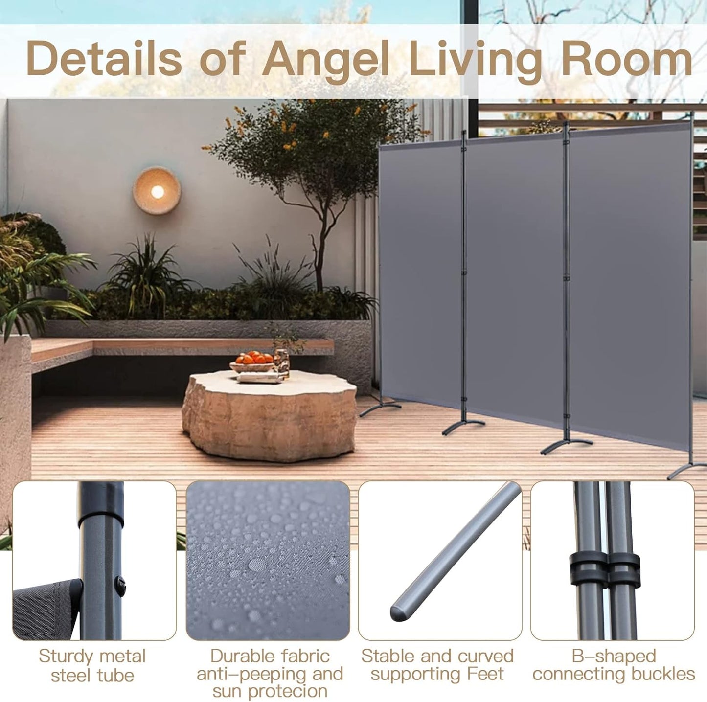 Angel Living Kamerscherm - 3 Panelen - 243 x 170 cm - Grijs
