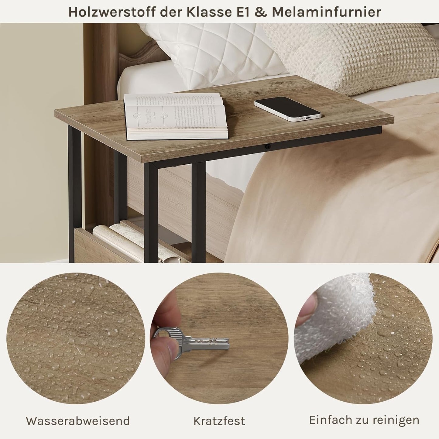 Woltu C-vormige Bijzettafel met Opbergrek - Grijze Houtlook - Metaal - 55 x 36 x 59,5 cm