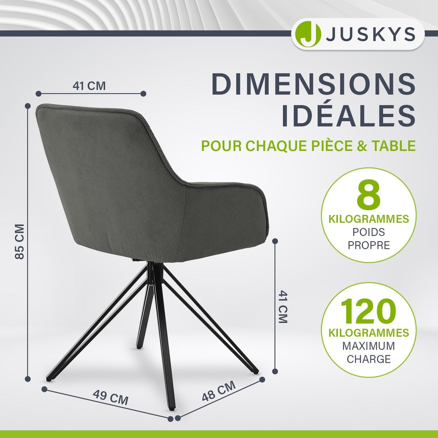 Juskys Eetkamerstoel Met Armleuning - 120 Kg Draagvermogen - 61 x 57 x 85 cm - Lichtgrijs