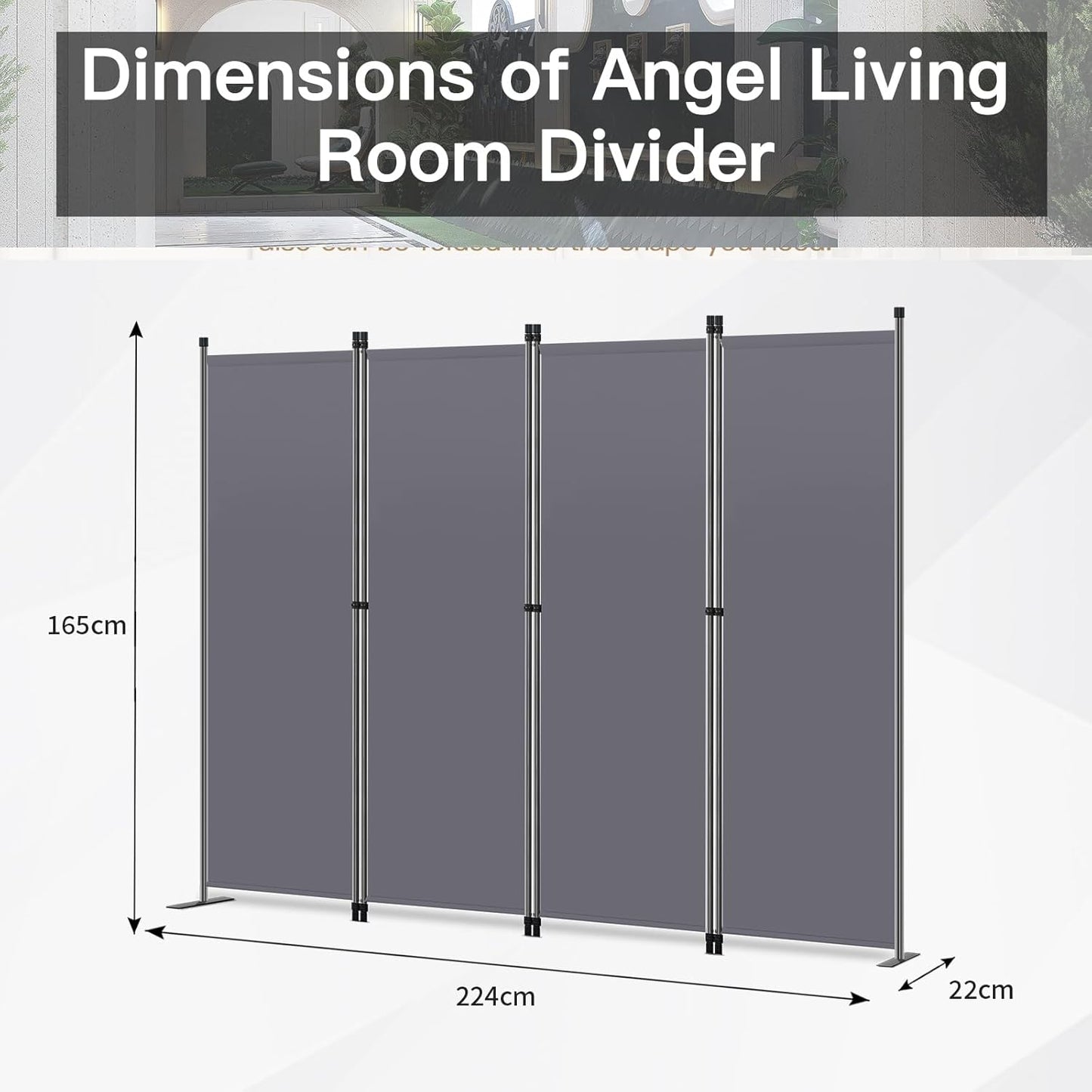 Angel Living Kamerscherm 4-Panelen – Stabiele Roomdivider & Inkijkbescherming van Staal en Polyester, Opvouwbaar – Grijs