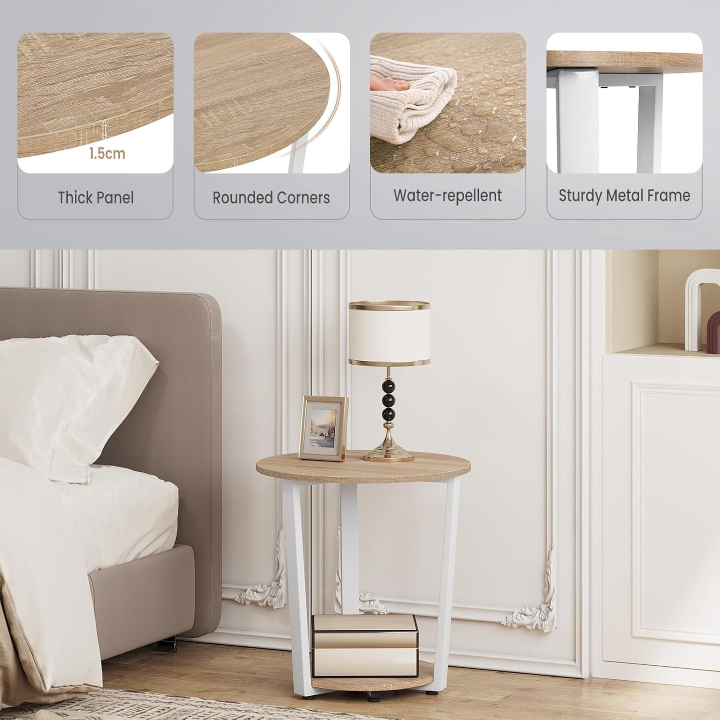Woltu ronde salontafel - 50x50x53 cm - licht eiken – bijzettafel met 2 legplanken en opbergruimte