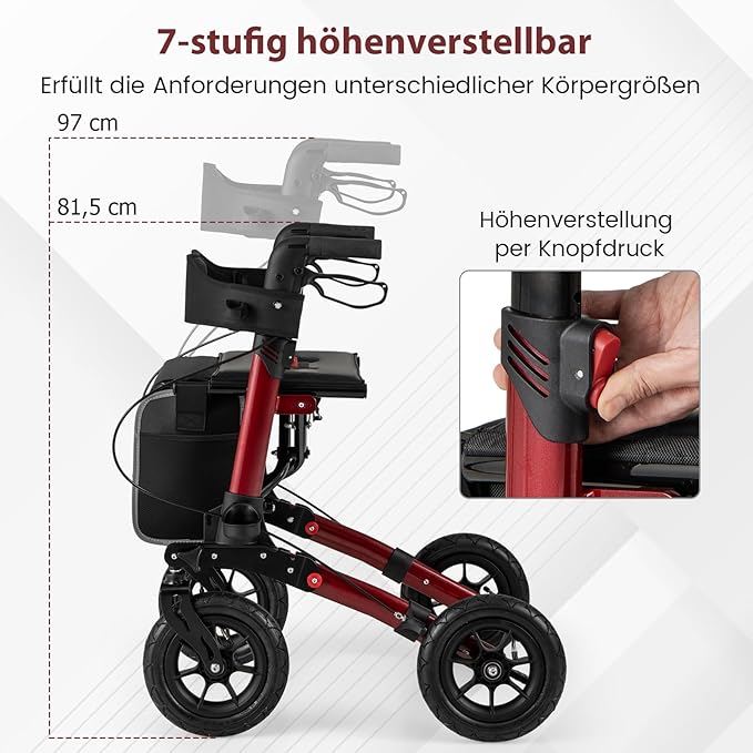 Coast Opvouwbare Rollator Rood – Lichtgewicht 2-in-1 Reisrollator met Zitje en Luchtbanden – 62 x 82 x 81,5-97 cm