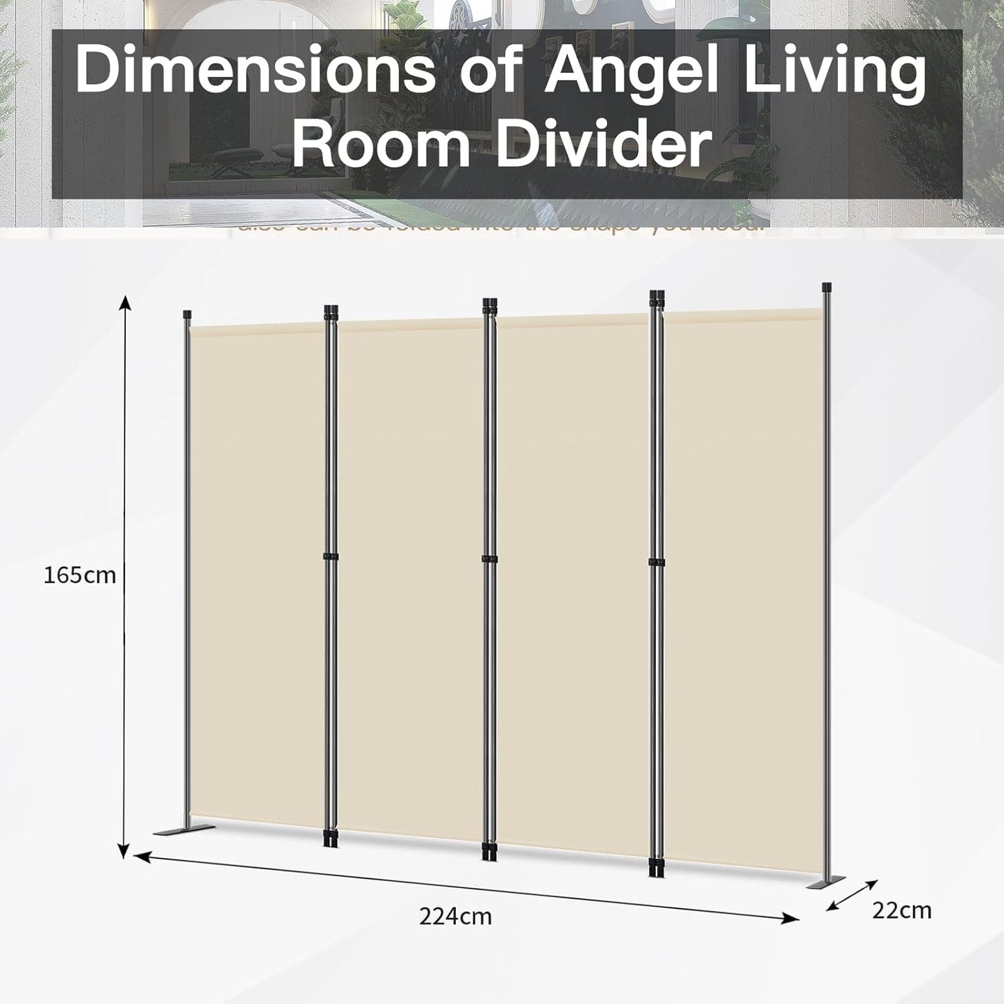 Angel Living Kamerscherm - 4-delig - 224x165 cm - Opvouwbaar - Staal & Polyester - Ruimteverdeler & Inkijkbescherming - Beige