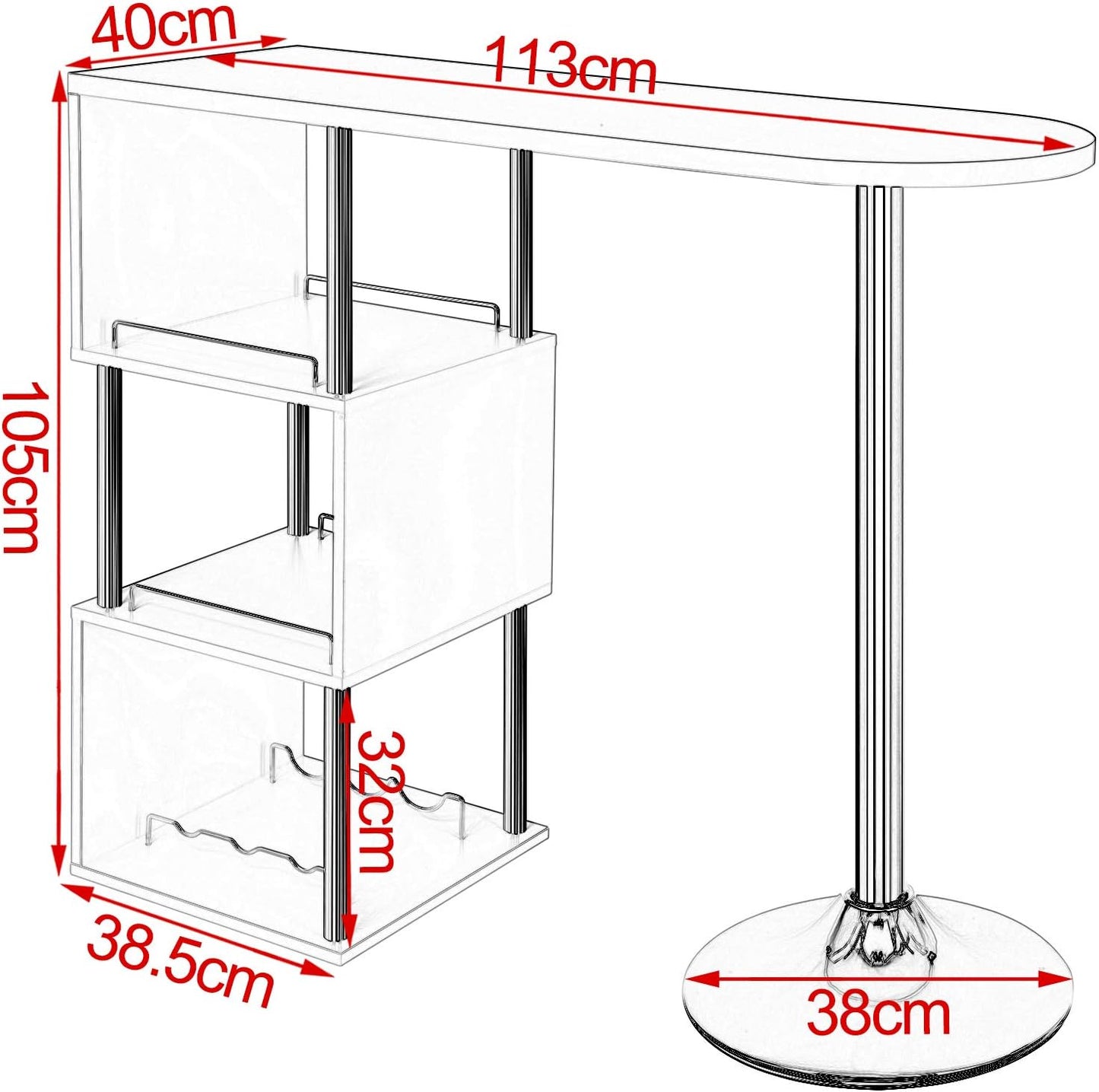 Woltu Bartafel met flessenhouder en 3 planken - Wit - 113x40x105 cm