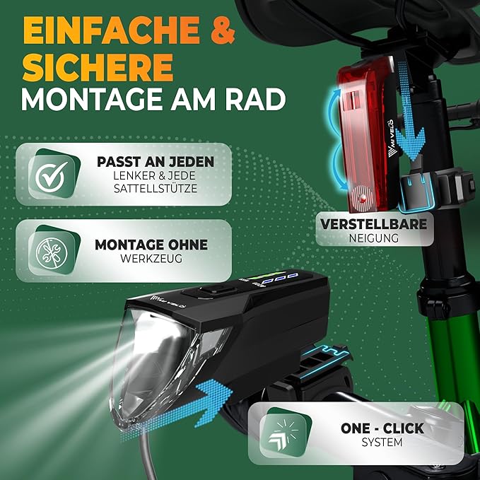 MIVELO Fietsverlichting Set – USB Oplaadbaar & Waterdicht – 70 Lux – Zwart