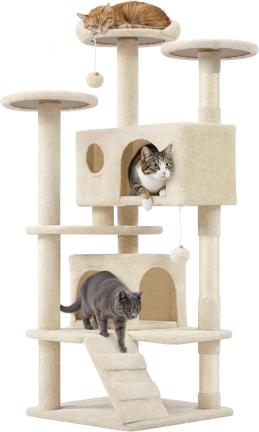 Yaheetech Kattenkrabpaal 137 cm - Beige - 49 x 49 x 137 cm - Met 2 Huisjes, 3 Plateaus en Sisal Speelballen