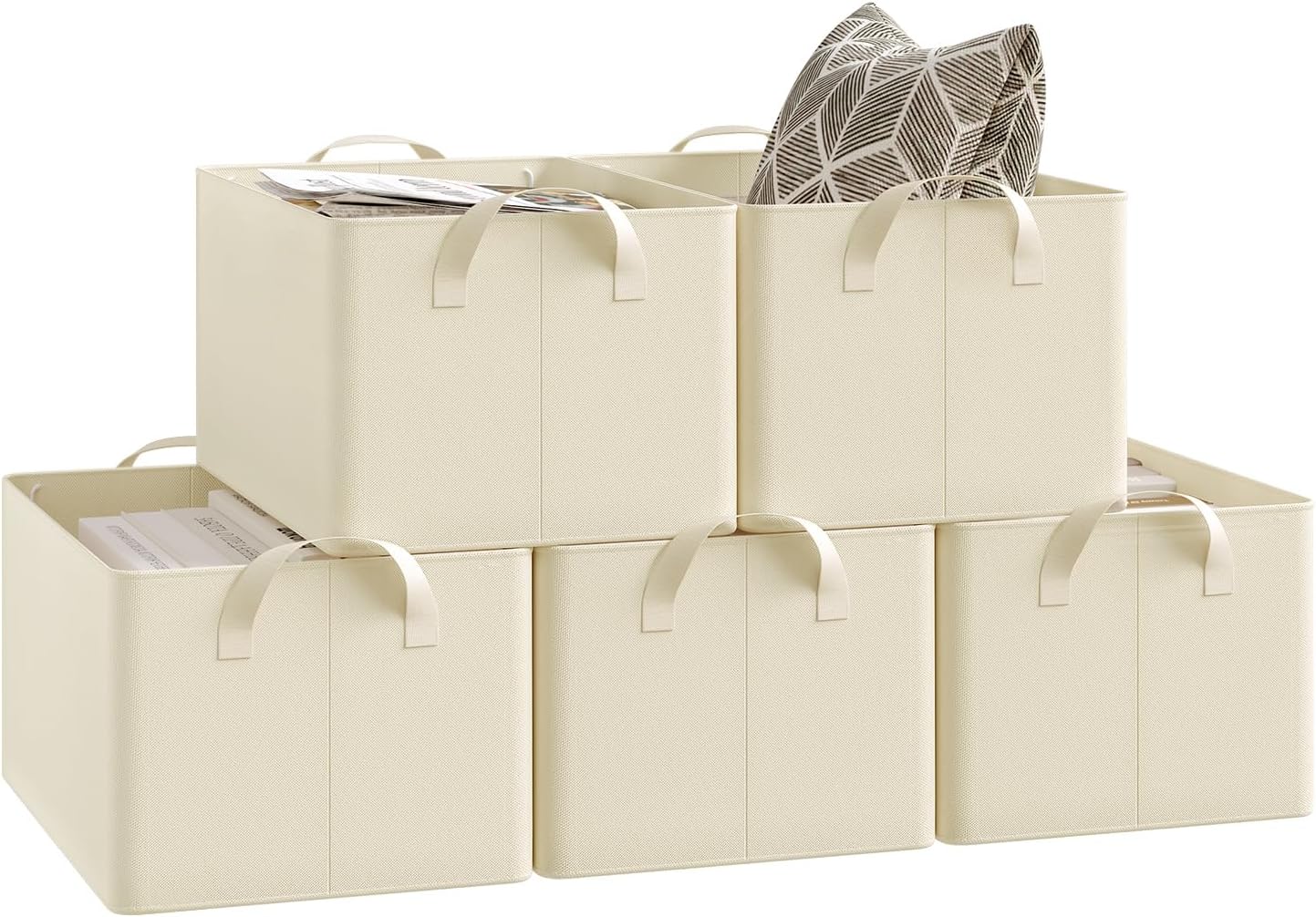 Woltu Opvouwbare Opbergdozen Set van 5 - Stof Opbergkubussen met Handgrepen - Stapelbare Opbergboxen voor Kleding en Speelgoed - Crme - 37,5 x 20 x 26 cm
