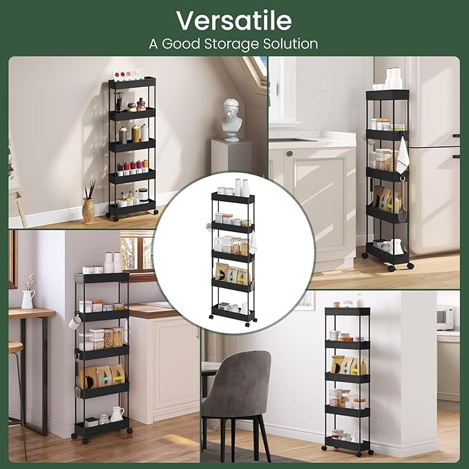 Klihome Service trolley - opbergkar met wielen - 5 etages - smal 12,5 cm - mat zwart