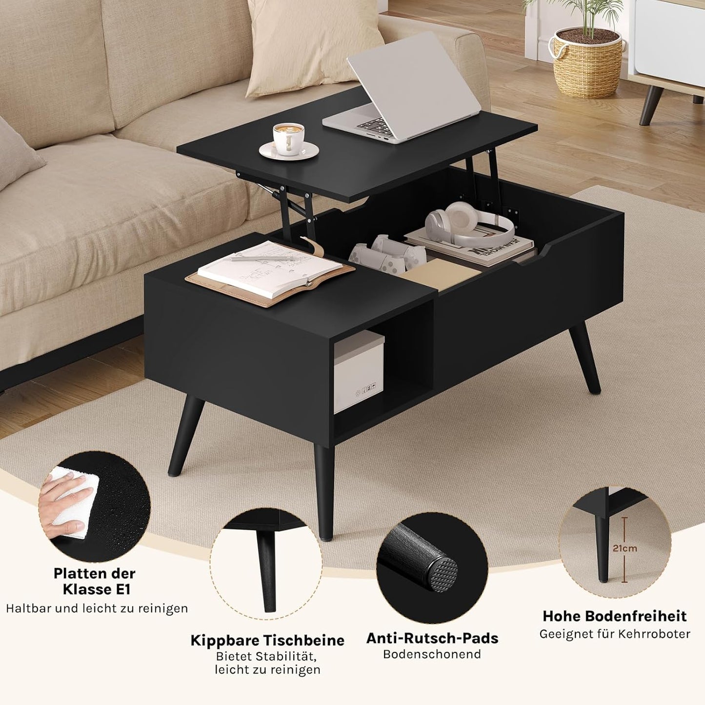Woltu Salontafel in Hoogte verstelbaar - 100 x 57 x 50 cm - Zwart
