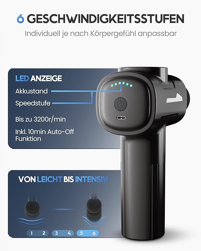 Heldenwerk Massagepistool met 6 Massagekoppen – Spiermassageapparaat 3200 rpm, USB-C Oplaadbaar - Grijs