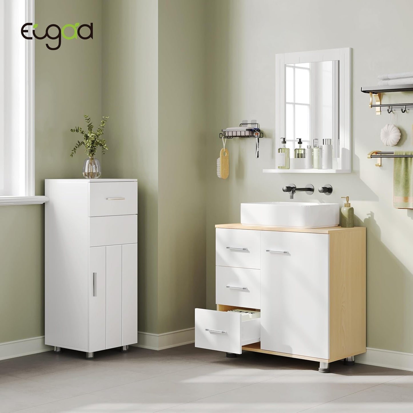 Eugad Badkamerkast Wit/Licht Eiken - 60 x 60 x 30 cm - 3 Lades - Verstelbare Plank