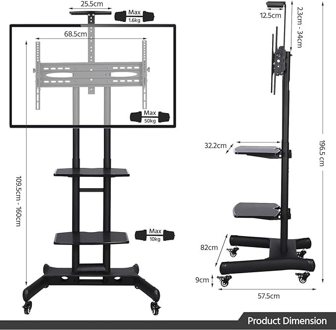 Yaheetech TV Standaard - Verrijdbaar - Verstelbaar - 32-75 Inch - Zwart