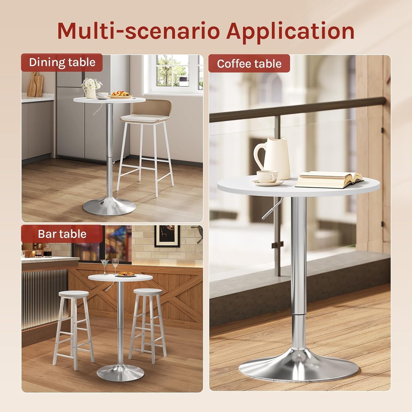 Woltu BT02ws Bartafel verstelbaar - Rond 60x60 cm - Hoogte 68-88 cm - Wit