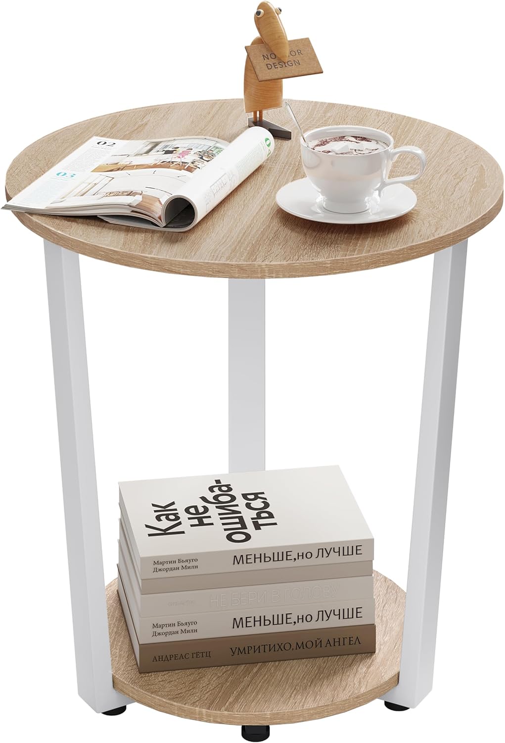 Woltu ronde salontafel - 50x50x53 cm - licht eiken – bijzettafel met 2 legplanken en opbergruimte