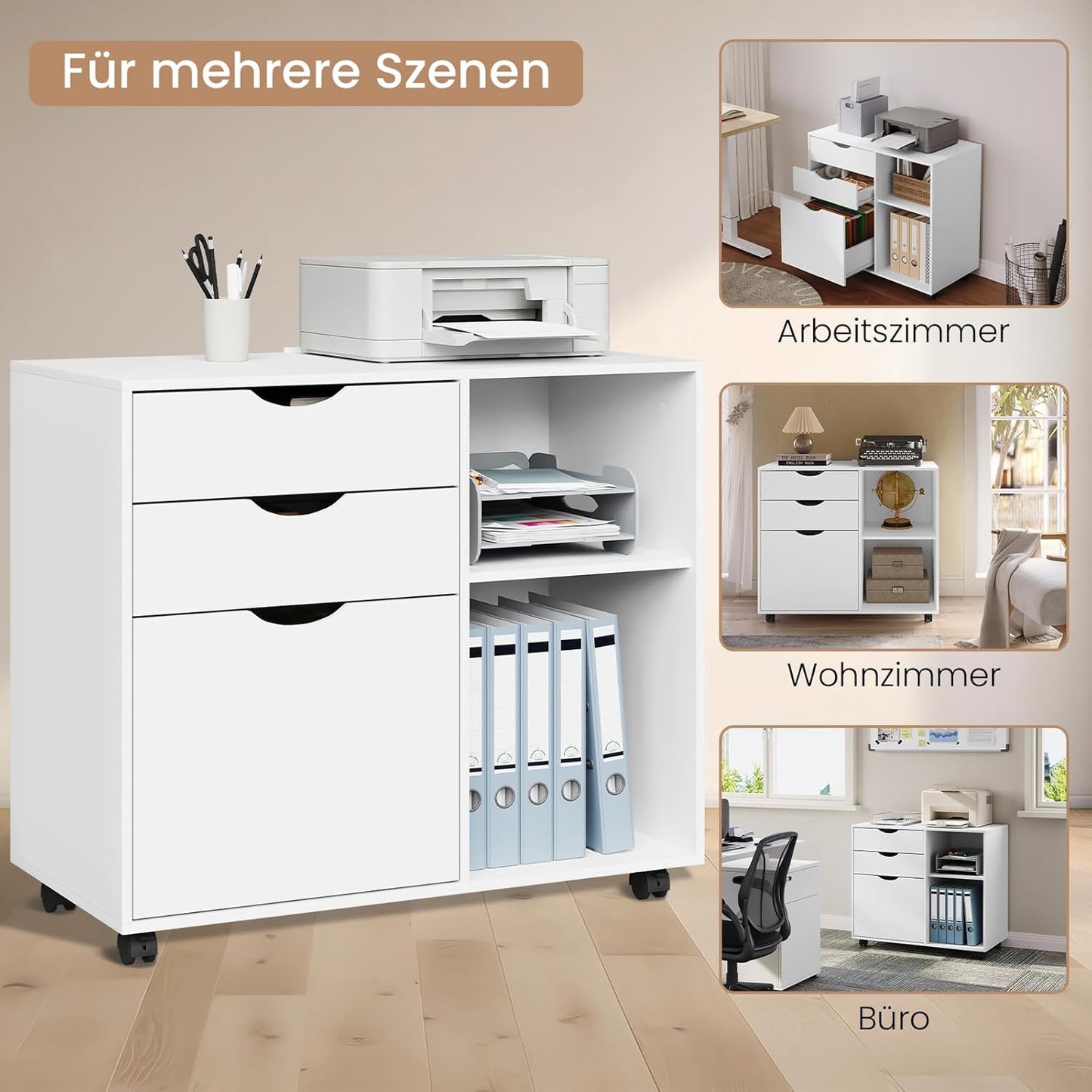 WOLTU ASK13ws rollcontainer - mobiel ladeblok voor kantoor - 3 lades - wit - 80 x 69,5 x 39,5 cm