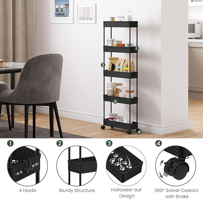 Klihome Service trolley - opbergkar met wielen - 5 etages - smal 12,5 cm - mat zwart