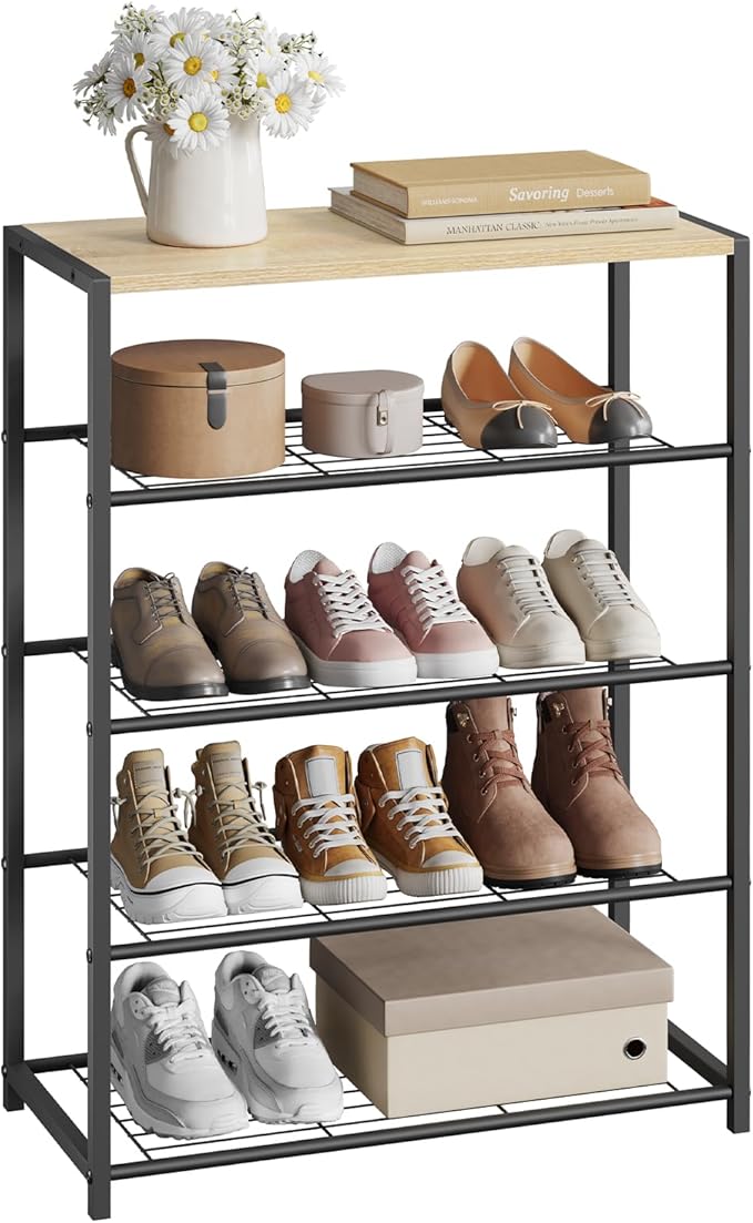 WOLTU Organizer schoenenrek - 4 niveaus - licht eiken en zwart - 63 x 83 x 30 cm