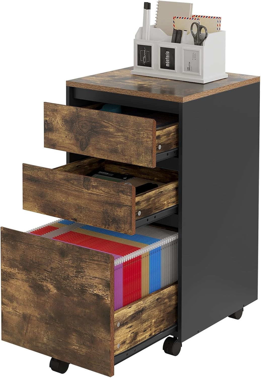 Woltu Mobiele Archiefkast – Rolcontainer met 3 Laden en Wielen – Industrieel Donker Eiken/Zwart – 40 x 40 x 70 cm