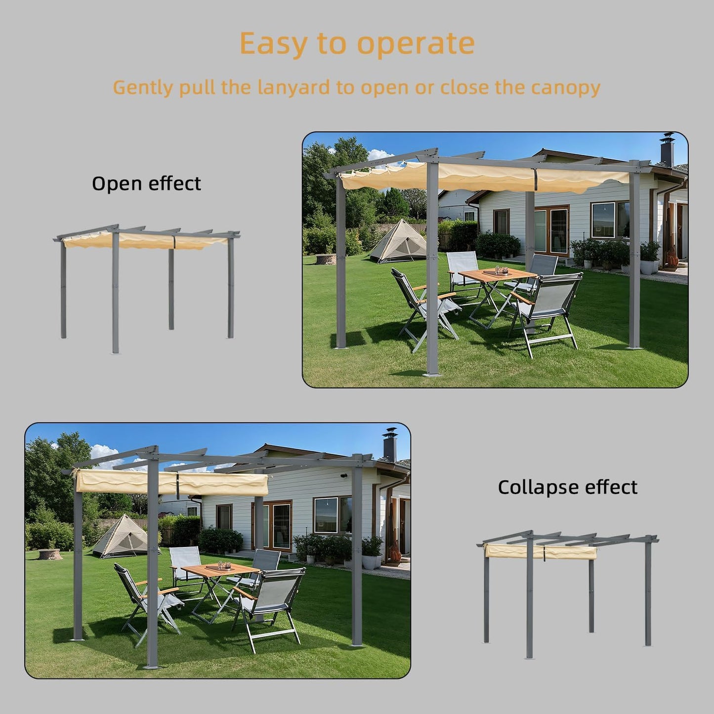 Angel Living Aluminium Pergola - Intrekbaar Dak - Elegant Ontworpen - Paviljoen - Prieel - met Water- en UV-Bestendig Polyesterdoek - Beige - 3 x 3 m
