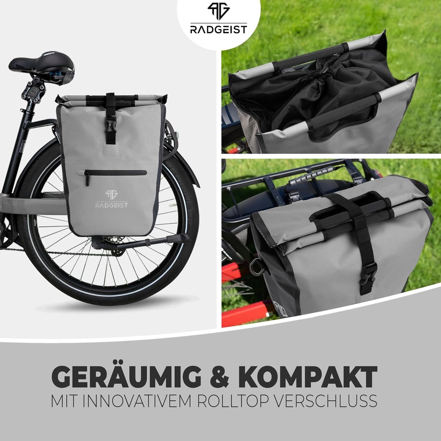 RADGEIST fietstas voor bagagedrager I fietstas shopper met uitneembare koeltas I boodschappentas & boodschappendraagtas 22-28 liter - grijs