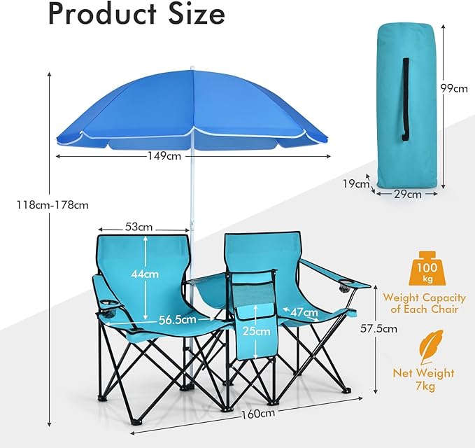 Coast campingstoel met parasol dubbele vouwstoel met bekerhouder koeltas turquoise