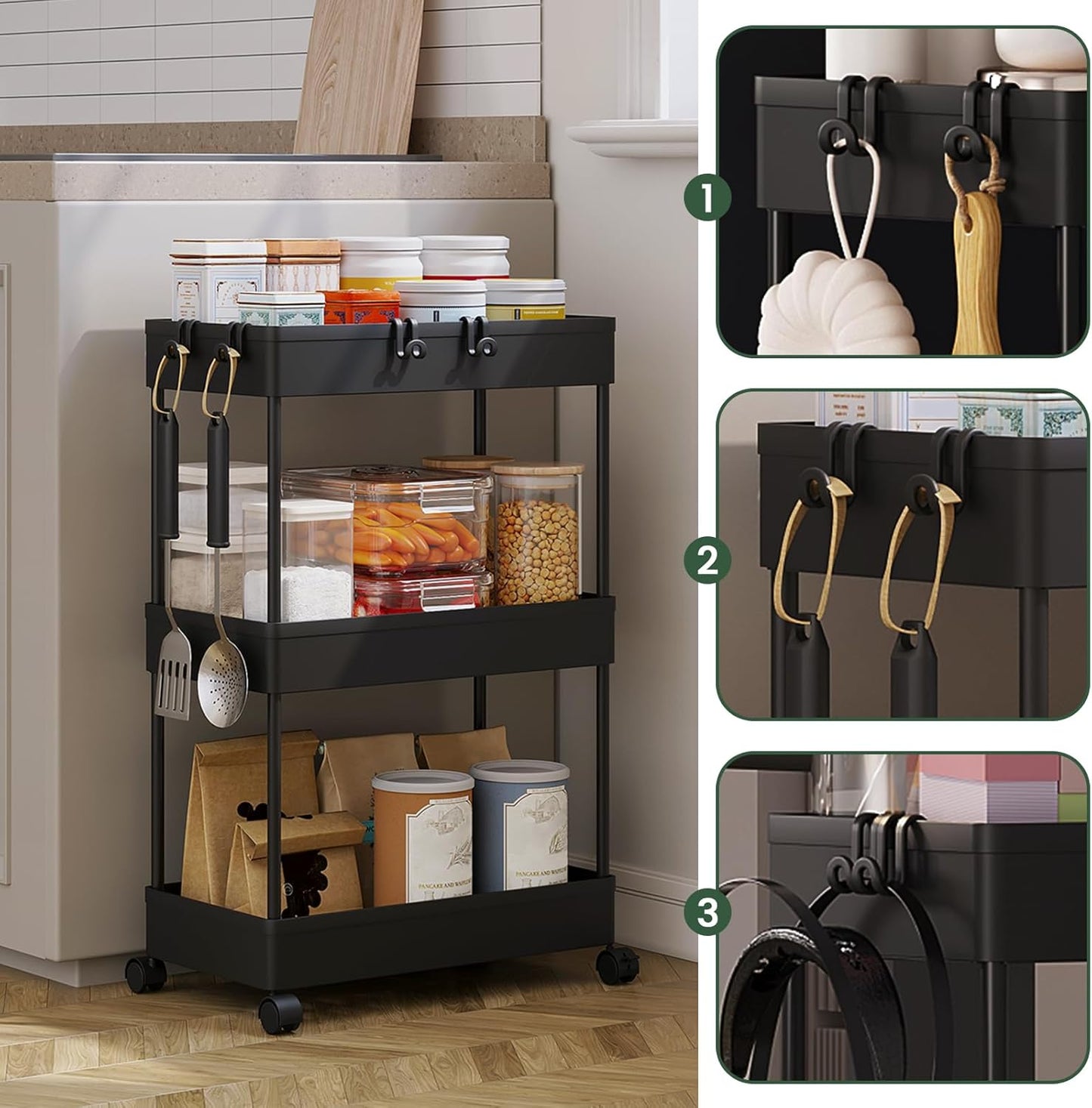 Klihome Opbergwagen 3-Laags - 39 x 20,5 x 58,5 cm - Verrijdbaar - Tot 15 kg