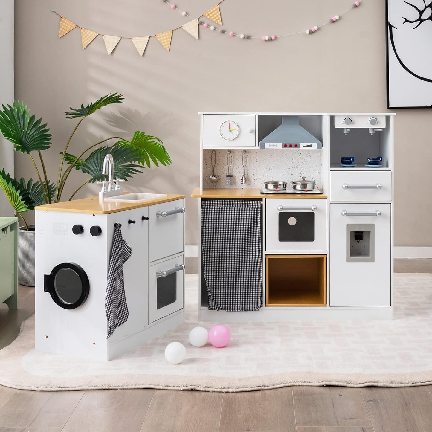 Coast – Eck Speelkeuken met Licht en Geluid – 79x29x81 cm – Wit & Natuur MDF – Inclusief Hocker en Accessoires – Realistisch Houten Speelgoed voor Kinderen vanaf 3 Jaar