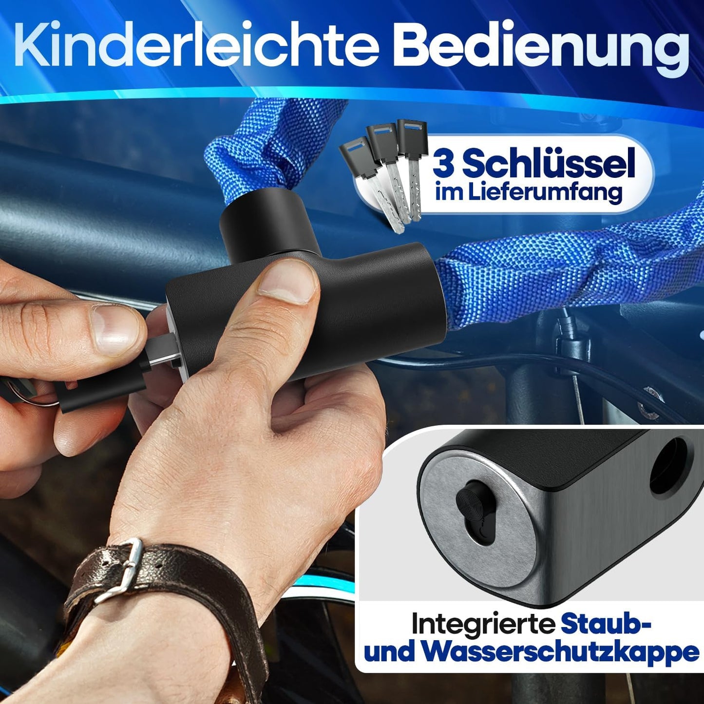 NEXTCOVER® Fietsslot LockOne met sleutel - hoge veiligheid - robuust & duurzaam - 3 sleutels - Blauw