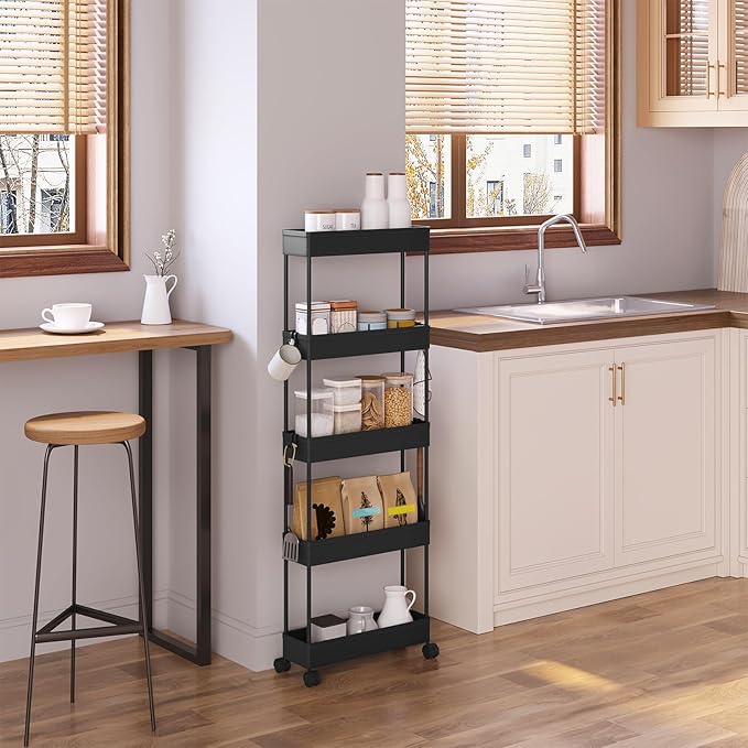 Klihome Service trolley - opbergkar met wielen - 5 etages - smal 12,5 cm - mat zwart