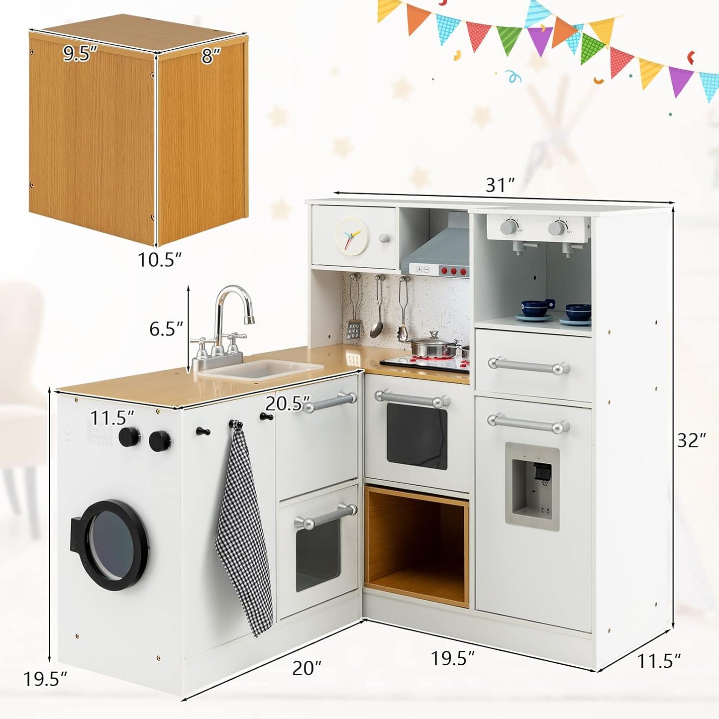 Coast – Eck Speelkeuken met Licht en Geluid – 79x29x81 cm – Wit & Natuur MDF – Inclusief Hocker en Accessoires – Realistisch Houten Speelgoed voor Kinderen vanaf 3 Jaar
