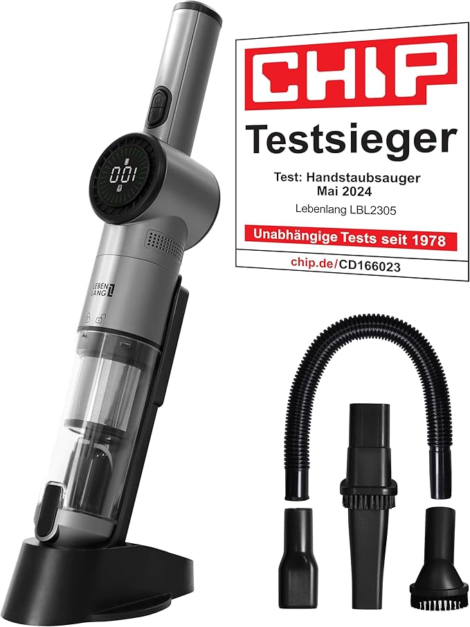 LEBENLANG Draadloze Stofzuiger - Accu - 17000PA - 135W - Sterke Lithiumbatterij - Inclusief Oplaadstation - Grijs