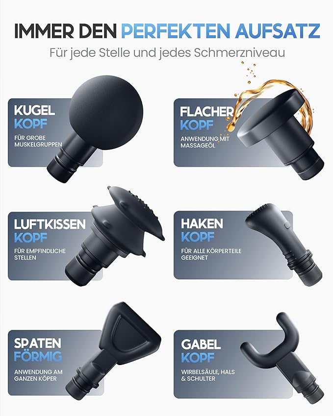 Heldenwerk Massagepistool met 6 Massagekoppen – Spiermassageapparaat 3200 rpm, USB-C Oplaadbaar - Grijs