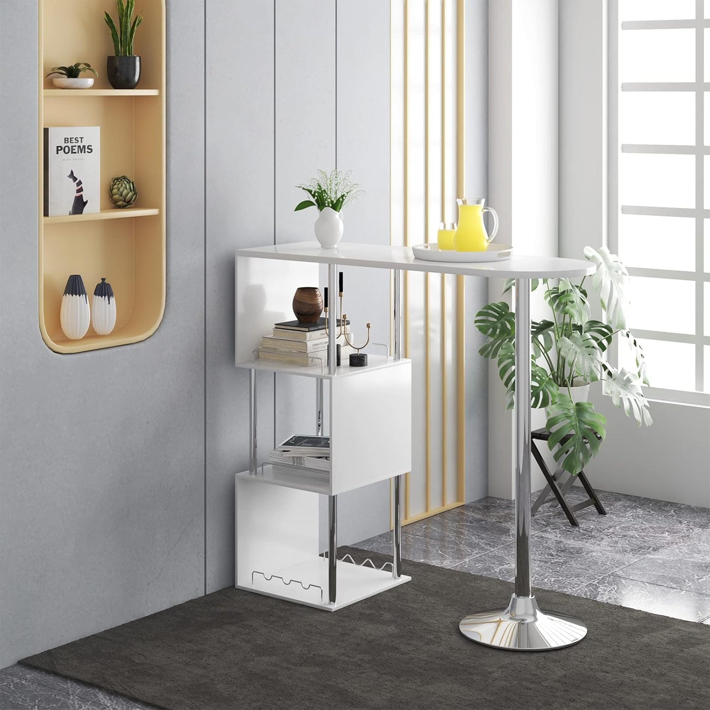 Woltu Bartafel met flessenhouder en 3 planken - Wit - 113x40x105 cm