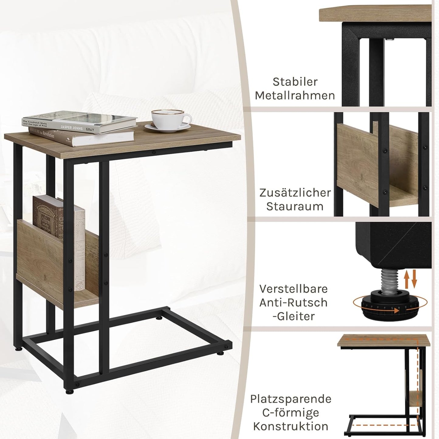 Woltu C-vormige Bijzettafel met Opbergrek - Grijze Houtlook - Metaal - 55 x 36 x 59,5 cm