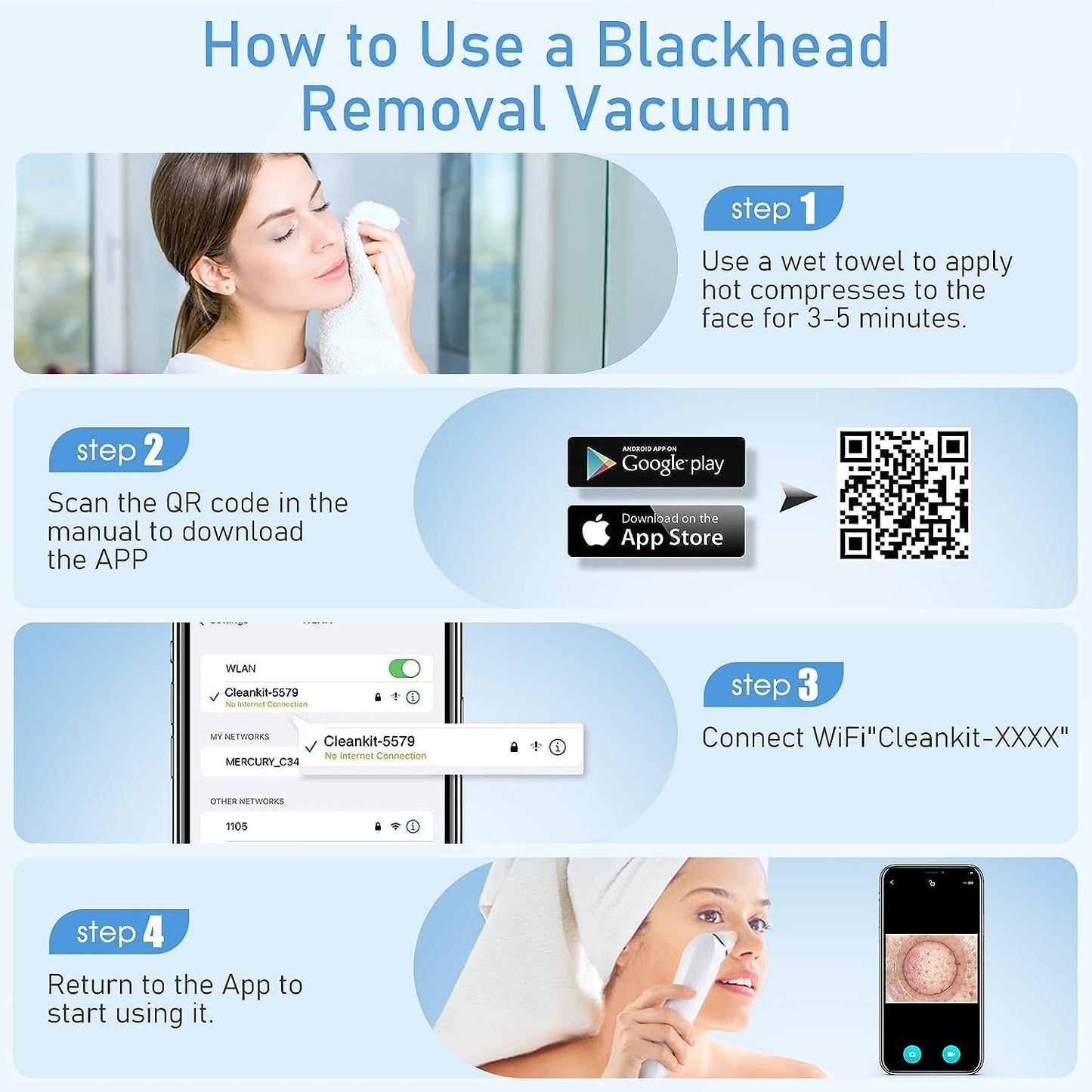 Ottleba Blackhead Remover Vacuum met 1080P HD-Camera – 17 × 4,5 × 4,5 cm – Lichtroze – Pore Cleaner met 3 Zuigstanden en 6 Opzetstukken
