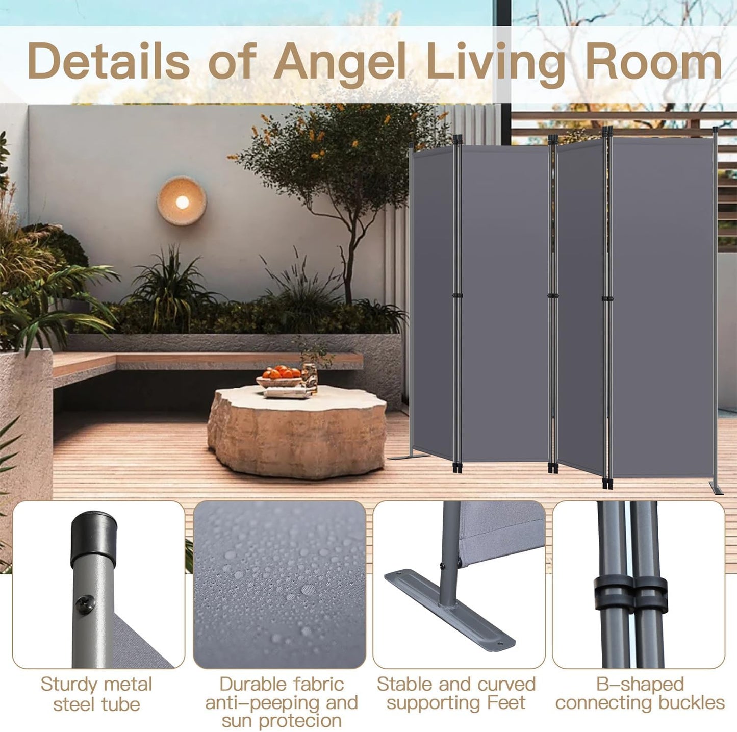Angel Living Kamerscherm 4-Panelen – Stabiele Roomdivider & Inkijkbescherming van Staal en Polyester, Opvouwbaar – Grijs