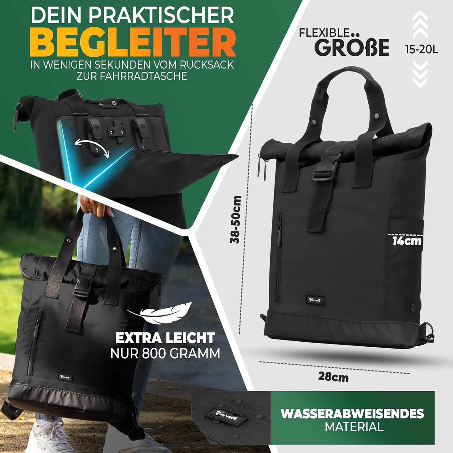 Mivelo Fietsrugzak & Fietstas voor Bagagedrager - 22 Liter - Waterafstotend Polyester - KLICKfix Bevestiging - Zwart