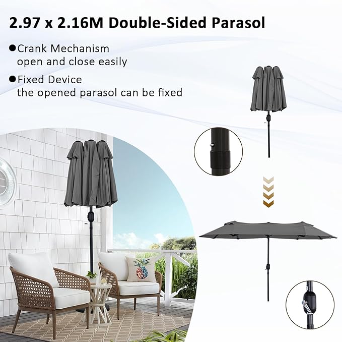 Angel Living Double Parasol - 460 x 270 cm - with Crank Large Parasol Market Umbrella - UPF 50+ - grey - 2.97x1.53cm
